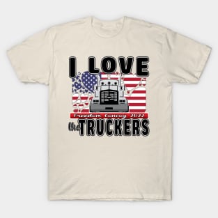 SUPPORT FOR TRUCKERS - FREEDOM CONVOY 2022 - USA FLAG HEARTS BLACK LETTERS T-Shirt